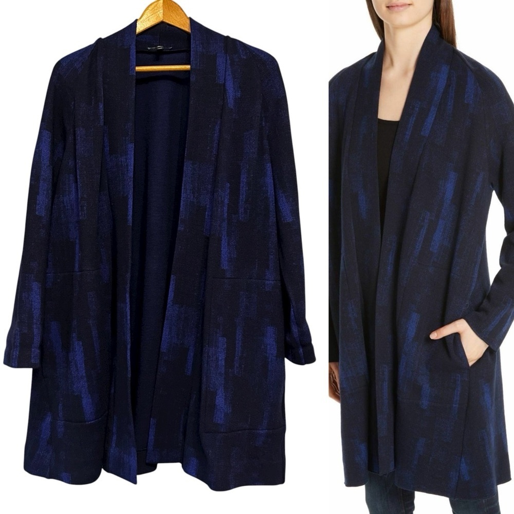 Eileen Fisher Black Blue Reflections Jacquard Open Front Jacket Midnight Medium